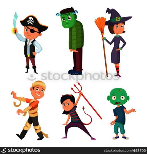 Cute and scary halloween costume for kids. Zombie, pirate, devil and others. Vector collection in cartoon style. Cute and scary halloween cartoon costume for kids. Zombie, pirate, devil and others