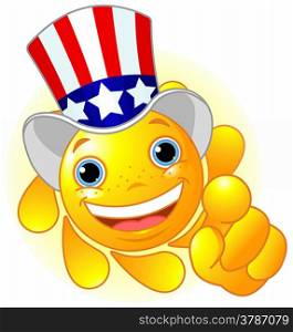 Cute and shiny Sun with Uncle Sam hat pointing to us