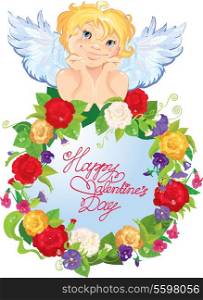 Cute angel with flowers. Valentines Day card design.