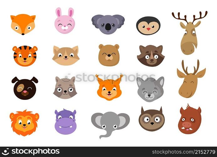 Cute animal avatars. Animals heads, exotic wild lion koala hippo. Baby cat, puppy and rabbit, isolated cartoon forest vector characters. Illustration animal bear and cat, fox and koala. Cute animal avatars. Animals heads, exotic wild lion koala hippo. Baby cat, puppy and rabbit, isolated cartoon forest vector characters
