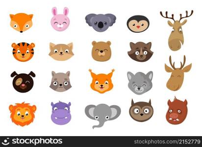 Cute animal avatars. Animals heads, exotic wild lion koala hippo. Baby cat, puppy and rabbit, isolated cartoon forest vector characters. Illustration animal bear and cat, fox and koala. Cute animal avatars. Animals heads, exotic wild lion koala hippo. Baby cat, puppy and rabbit, isolated cartoon forest vector characters