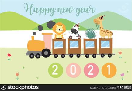 Cute animal background with lion,zebra,giraffe,safari on train.Happy new year 2021
