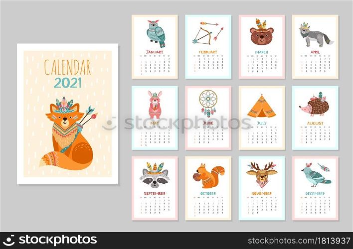 Cute animal calendar 2021. Kid animals, forest tribal wildlife posters. Monthly schedule arctic fox bear deer raccoon vector illustration. Calendar with tribe character, raccoon and bird. Cute animal calendar 2021. Kid animals, forest tribal wildlife posters. Monthly schedule arctic fox bear deer raccoon vector illustration