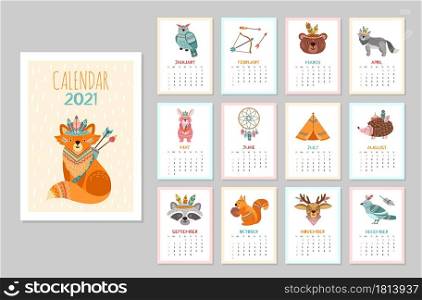 Cute animal calendar 2021. Kid animals, forest tribal wildlife posters. Monthly schedule arctic fox bear deer raccoon vector illustration. Calendar with tribe character, raccoon and bird. Cute animal calendar 2021. Kid animals, forest tribal wildlife posters. Monthly schedule arctic fox bear deer raccoon vector illustration