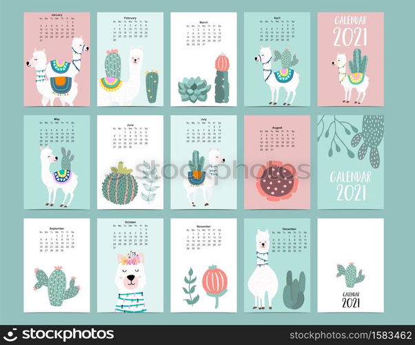 Cute animal calendar 2021 with llama, alpaca, cactus for children, kid, baby.Can be used for printable graphic.Editable elemen