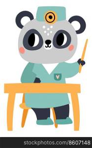 Cute animal doctor. Funny medical character with different tools. Cartoon panda in uniform. Bear sitting at table. Hospital worker. Medicine and health care. Physician treatment. Vector illustration. Cute animal doctor. Medical character with different tools. Panda in uniform. Bear sitting at table. Hospital worker. Medicine and health care. Physician treatment. Vector illustration