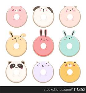 Cute animal donut cartoon set. Vector illustration.