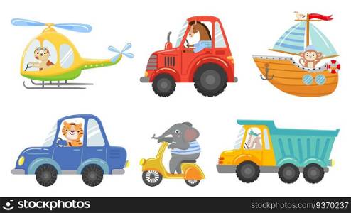 Cute animal drivers. Animal driving car, tractor and truck. Toy helicopter, sailboat and urban scooter. Driver and pilot, animals on street vehicle. Cartoon isolated vector illustration icons set. Cute animal drivers. Animal driving car, tractor and truck. Toy helicopter, sailboat and urban scooter cartoon vector illustration set