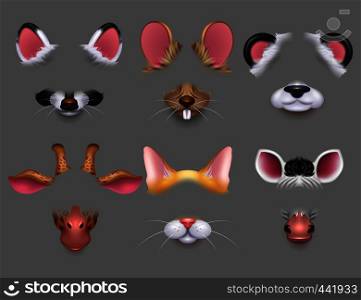 Cute animal ears and nose video effect filters. Funny animals faces masks for mobile phone vector set. Animal character avatar for selfie application illustration. Cute animal ears and nose video effect filters. Funny animals faces masks for mobile phone vector set