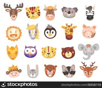 Cute animal faces vector set with isolated cartoon heads of bear, fox, tiger, bunny or rabbit, elephant, monkey, koala and deer. Funny owl, pig, giraffe and zebra, lion, cow, penguin and racoon. Cute cartoon animal faces and heads