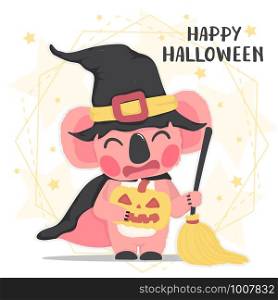 cute animal happy pink koala in Halloween witch costume with broom, Happy Halloween, flat vector cartoon animal