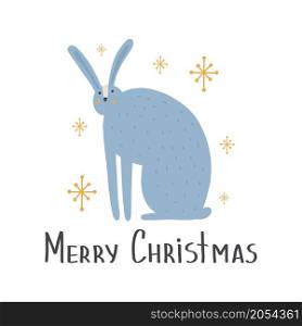 Cute animal hare in scandinavian style with lettering - merry christmas. Vector hand-drawn colored children&rsquo;s simple. Cartoon animal.. Cute animal hare in scandinavian style with lettering - merry christmas. Cartoon animal.