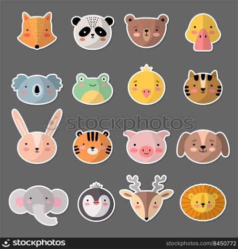 Cute animal head. Kawaii faces smiling avatars different expressions penguin panda pig stickers recent vector illustrations set. Animal face head, panda happy and characters adorable. Cute animal head. Kawaii faces smiling avatars different expressions penguin panda pig stickers recent vector illustrations set