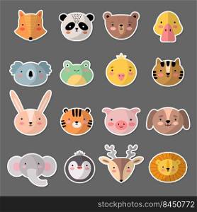 Cute animal head. Kawaii faces smiling avatars different expressions penguin panda pig stickers recent vector illustrations set. Animal face head, panda happy and characters adorable. Cute animal head. Kawaii faces smiling avatars different expressions penguin panda pig stickers recent vector illustrations set