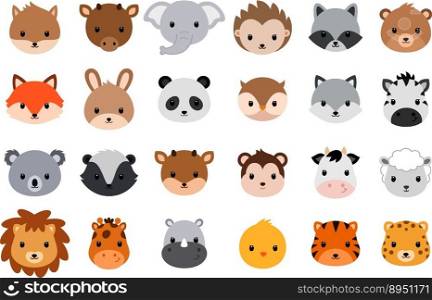 Cute animal heads collection flat style vector image