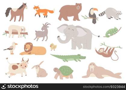Cute animal isolated objects set. Collection of horse, fox, bear, toucan, raccoon, sloth, elephant, monkey and lion, rabbit, turtle, walrus. Vector illustration of design elements in flat cartoon