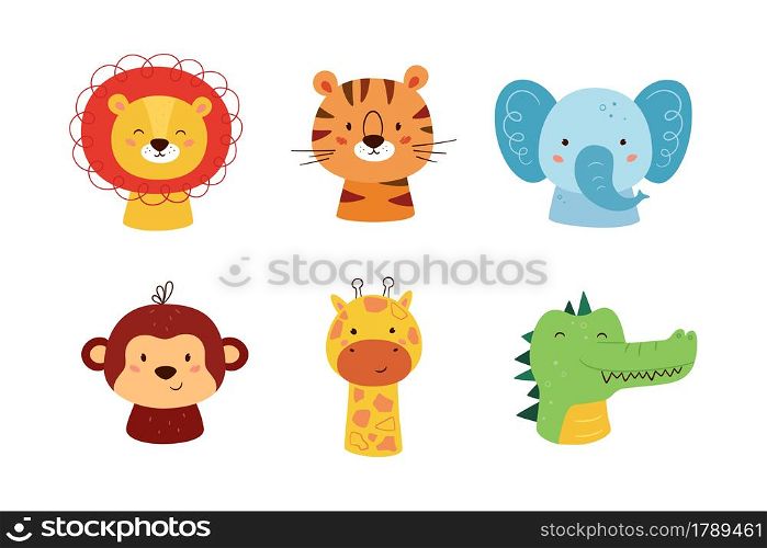 Cute animal kawaii characters. Funny lion, tiger, giraffe, elephant, monkey and crocodile. The faces of wild animals. Vector illustration isolated on white background.. Cute animal kawaii characters. Funny lion, tiger, giraffe, elephant, monkey and crocodile. The faces of wild animals. Vector illustration isolated on white background