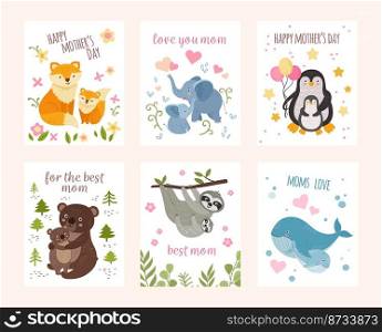 Cute animal mother day. Mothers and animals babies, mommy holiday postcards template. Neoteric cute wild cartoon children hug mom vector print. Illustration of baby bear and elephant, whale or penguin. Cute animal mother day. Mothers and animals babies, mommy holiday postcards template. Neoteric cute wild cartoon children hug mom vector print