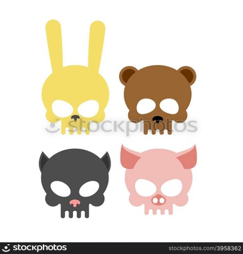 Cute animal skulls. Bear and pig. Head skeleton rabbit and cat. Vector illustration logos for Halloween.