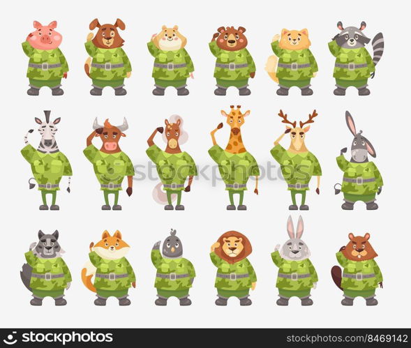 Cute animal soldiers in camouflage cartoon illustration set. Serious pig, dog, giraffe, beaver, bear, zebra, cat, lion in military uniform saluting officer. Army, zoo, warrior concept