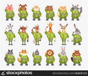 Cute animal soldiers in camouflage cartoon illustration set. Serious pig, dog, giraffe, beaver, bear, zebra, cat, lion in military uniform saluting officer. Army, zoo, warrior concept