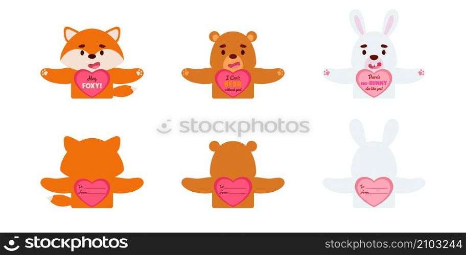 Cute animal Valentines Day gift cards candy holder cards for kids. Great gift option school classroom prizes, Valentine party favors, gift exchange, love notes and more. Vector stock illustration