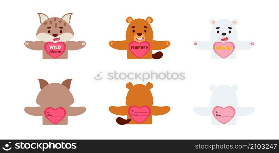 Cute animal Valentines Day gift cards candy holder cards for kids. Great gift option Valentine party favors, school classroom prizes, gift exchange, love notes and more. Vector stock illustration