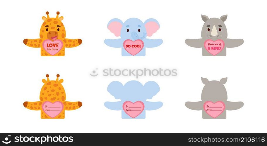 Cute animal Valentines Day gift cards candy holder cards for kids. Great gift option gift exchange, school classroom prizes, Valentine party favors, love notes and more. Vector stock illustration
