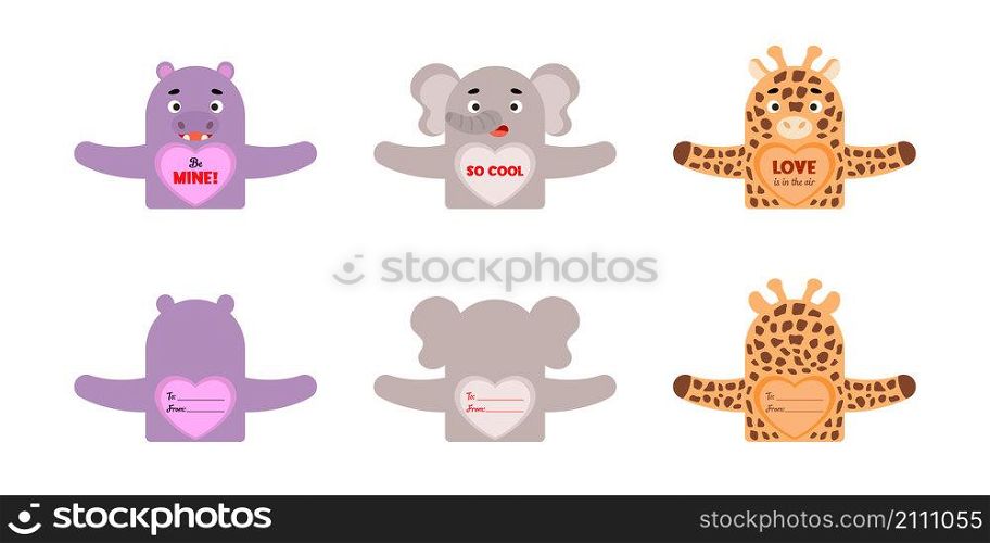 Cute animal Valentines Day gift cards candy holder cards for kids. Great gift option school classroom prizes, Valentine party favors, gift exchange, love notes and more. Vector stock illustration