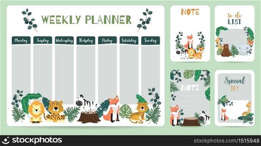 cute animal weekly planner background with giraffe,tiger,lion,leopard.Vector illustration for kid and baby.Editable element
