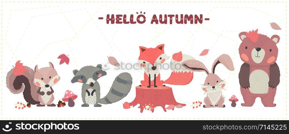 cute animal woodland happy autumn fox, raccoon, squirrel, rabbit and bear set