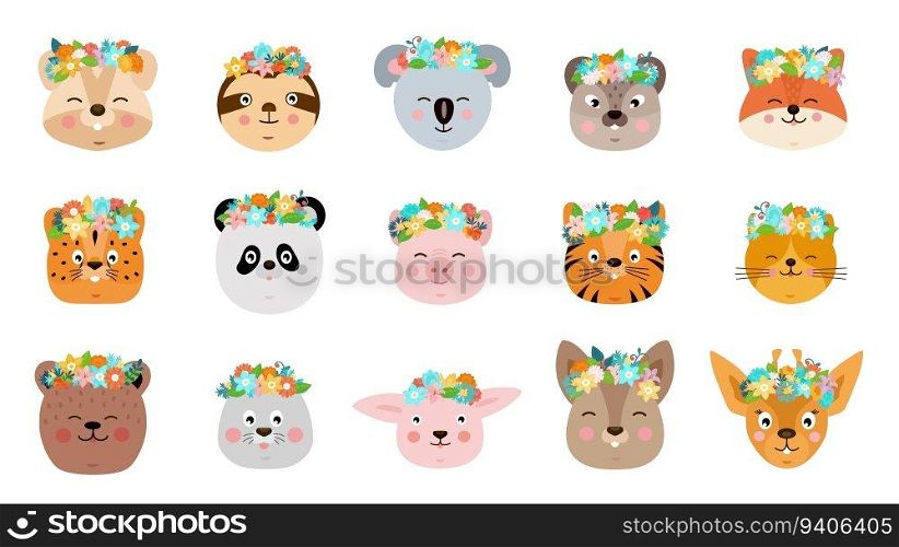 Cute animals. Cartoon baby faces. Flower wreath crowns. Birthday rabbit head. Funny characters. Smiling koala and cat. Children pets. Bear or fox muzzle. Summer kids stickers set. Vector illustration. Cute animals. Cartoon baby faces. Flower wreath crowns. Birthday rabbit head. Smiling koala and cat. Children pets. Bear or fox muzzle. Summer kids stickers set. Vector illustration