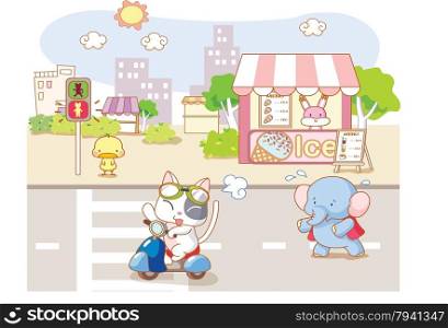 cute animals cartoon playing on the road