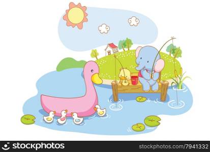 cute animals cartoon were fishing in the river