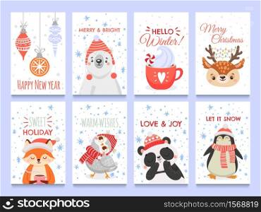 Cute animals christmas cards. Vector christmas winter, holiday decoration with animals bear fox and owl illustration. Cute animals christmas cards. Vector christmas winter holiday