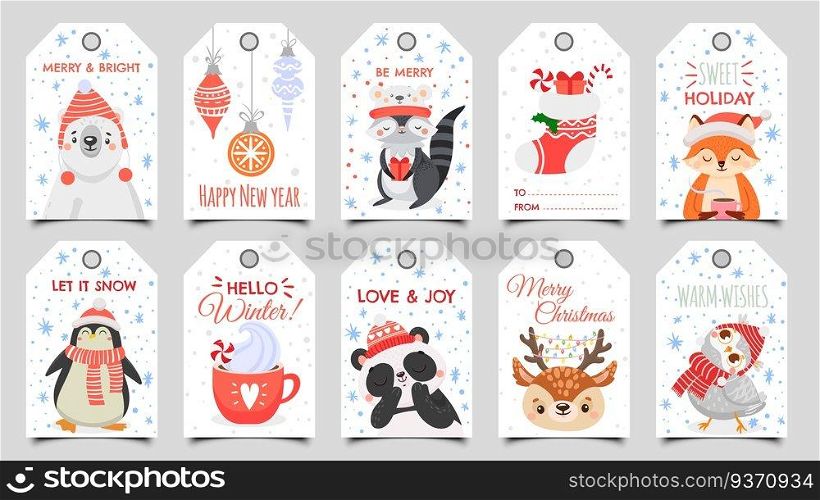 Cute animals christmas tags. Holiday gift tag with winter owl, deer and bears. Happy animal celebrate xmas label, 2020 new year greeting or invitation card. Isolated cartoon vector icons set. Cute animals christmas tags. Holiday gift tag with winter owl, deer and bears. Happy animal celebrate xmas label cartoon vector set