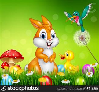 Cute animals Easter eggs on green grass