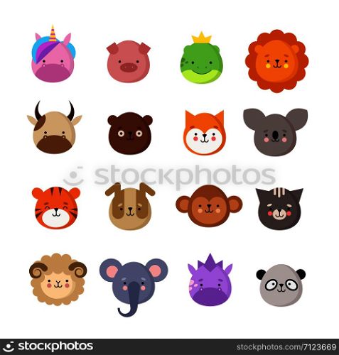 Cute animals faces. Dog and cat, cow and fox, unicorn and panda. Animal kid emoji. Kawaii zoo vector collection of sheep and monkey, cat and tiger, koala and bear illustration. Cute animals faces. Dog and cat, cow and fox, unicorn and panda. Animal kid emoji. Kawaii zoo vector collection