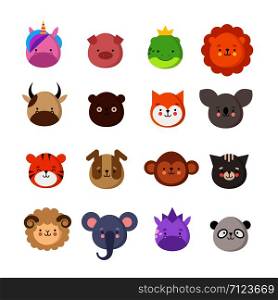 Cute animals faces. Dog and cat, cow and fox, unicorn and panda. Animal kid emoji. Kawaii zoo vector collection of sheep and monkey, cat and tiger, koala and bear illustration. Cute animals faces. Dog and cat, cow and fox, unicorn and panda. Animal kid emoji. Kawaii zoo vector collection