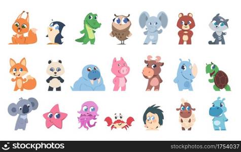 Cute animals. Funny wild and domestic little creatures. Cartoon hedgehog or hippo, baby walrus and crab. Isolated collection of colorful characters living in forest, jungle or sea. Vector fauna set. Cute animals. Funny wild and domestic little creatures. Cartoon hedgehog or hippo, walrus and crab. Collection of colorful characters living in forest, jungle or sea. Vector fauna set