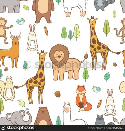 Cute animals hand drawn seamless pattern background