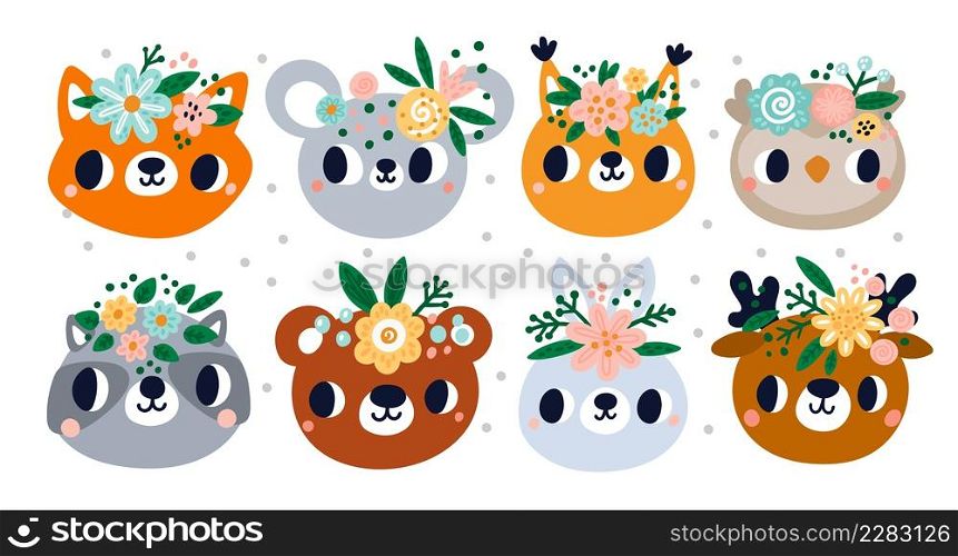 Cute animals in flower wreaths. Funny muzzles with floral beautiful tiara. Girly nursery theme. Scandinavian icons. Cartoon bear or raccoon. Pretty squirrel and hare faces. Vector forest creatures set. Cute animals in flower wreaths. Muzzles with floral beautiful tiara. Girly nursery theme. Scandinavian icons. Bear or raccoon. Pretty squirrel and hare faces. Vector forest creatures set