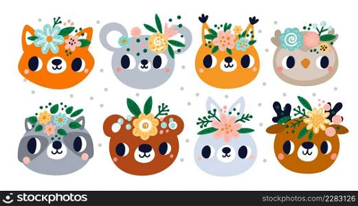 Cute animals in flower wreaths. Funny muzzles with floral beautiful tiara. Girly nursery theme. Scandinavian icons. Cartoon bear or raccoon. Pretty squirrel and hare faces. Vector forest creatures set. Cute animals in flower wreaths. Muzzles with floral beautiful tiara. Girly nursery theme. Scandinavian icons. Bear or raccoon. Pretty squirrel and hare faces. Vector forest creatures set