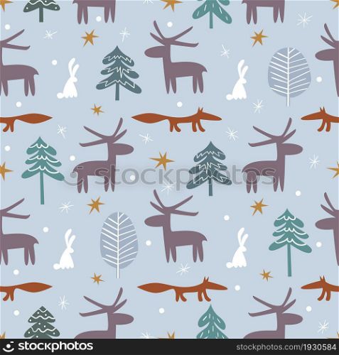 Cute animals in winter cartoon forest. Children vector illustration. Seamless pattern. Design for wallpaper, textile.