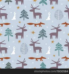 Cute animals in winter cartoon forest. Children vector illustration. Seamless pattern. Design for wallpaper, textile.