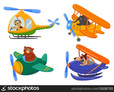 Cute animals on air transport. Animal pilot, pet in helicopter and airplane journey kids. Aircraft vehicle transportation, aviation animals adventure. Isolated cartoon illustration icons set. Cute animals on air transport. Animal pilot, pet in helicopter and airplane journey kids cartoon illustration set