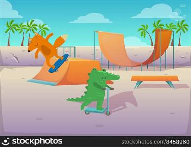 Cute animals on transport at skate park illustration. Happy crocodile riding kick scooter, fox doing stunt on skateboard on ramp, skate park equipment. Skateboarding, transport, entertainment concept