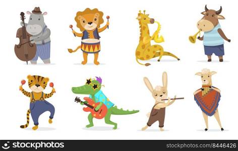 Cute animals playing musical instruments flat illustration set. Cartoon crocodile with guitar, giraffe with sax and lion with drum isolated vector illustration collection. Music and mascots for kids concept