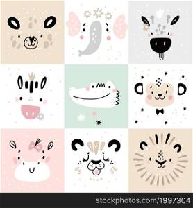 Cute animals posters. Funny safari fauna faces, cartoon square kids cards with wildlife characters, zebra and crocodile, giraffe and elephant, tiger and lion childish animal simple portrait vector set. Cute animals posters. Funny safari fauna faces, cartoon square kids cards with wildlife characters, zebra and crocodile, giraffe and elephant, tiger and lion childish animal portrait, vector set