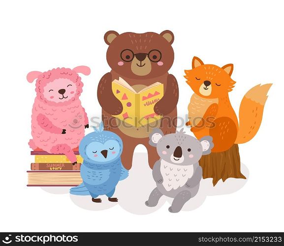 Cute animals reading. Wild animal read books, funny bear holding book. School study, library child characters. Literature exact vector. Illustration character animal, funny reading bear and fox. Cute animals reading. Wild animal read books, funny bear holding book. School study, library child characters. Literature exact vector concept